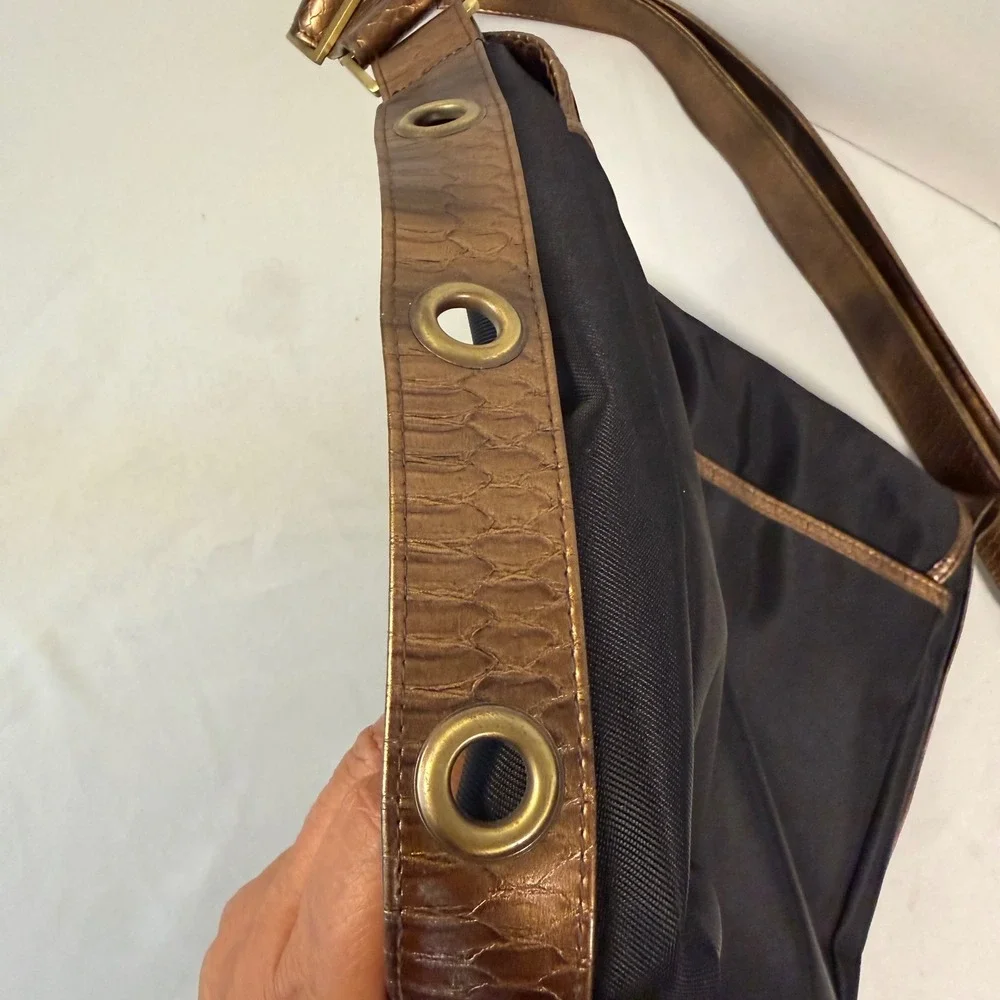 Y2K Messenger Bag Black Bronze Nylon Faux Croc Trim Grommet Detail Naturalizer